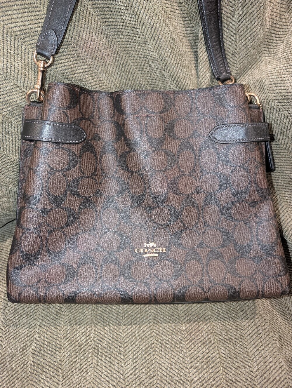 Coach Brown Signature Monogram Shoulder Bag with Gold Logo